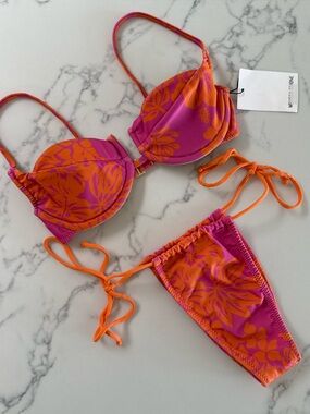 Melissa Simone Underwire Top & Micro Bikini Bottom SET - Pink/Orange - Size XS/S
